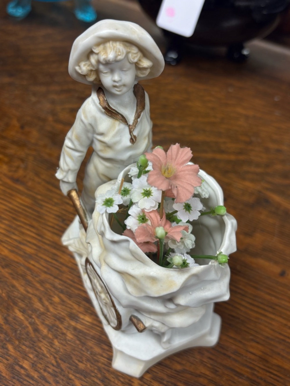 Porcelain Boy with Wheelbarrow Floral Vase - White and Pink